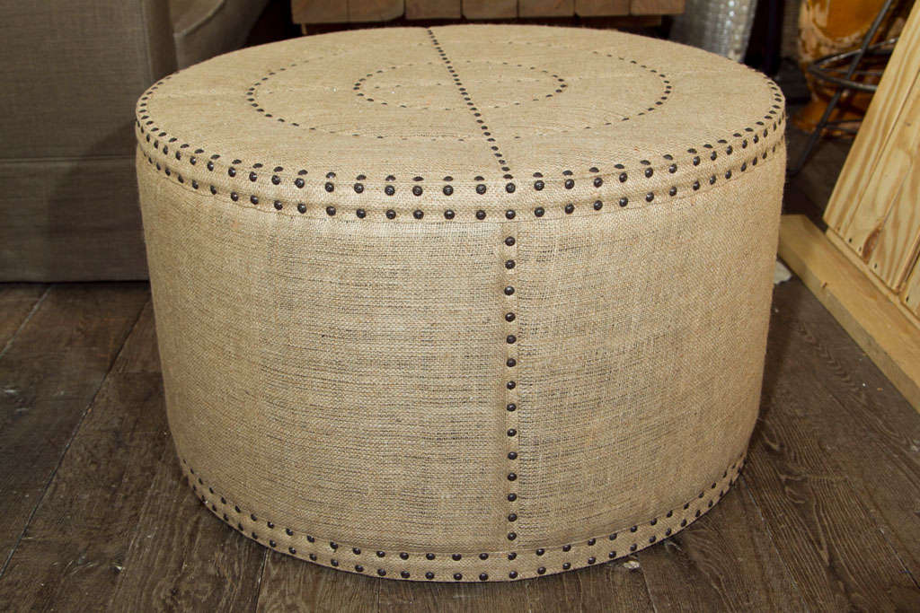 Burlap Ottoman with Nailhead Detail For Sale at 1stDibs