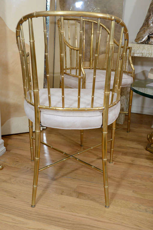 Pair of upholstered brass faux bamboo arm chairs 2