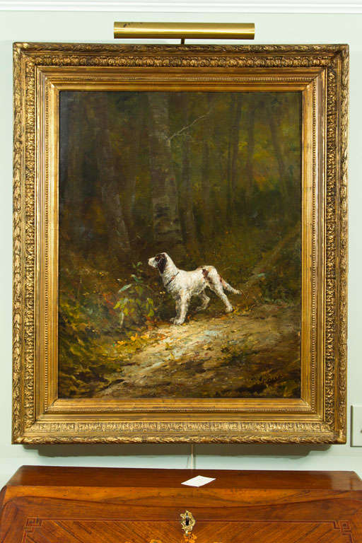 Huile sur toile impressionniste d'un chien de chasse britannique dans son cadre d'origine et signée G.(george) Appert, peintre français de la fin du XIX-XXème siècle.