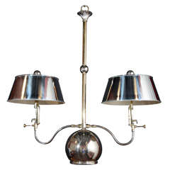 Polished nickel and brass six light gasolier with tole shades