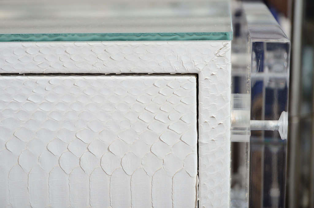 Comò a 6 cassetti in pitone bianco con pannelli laterali in lucite in vendita 1