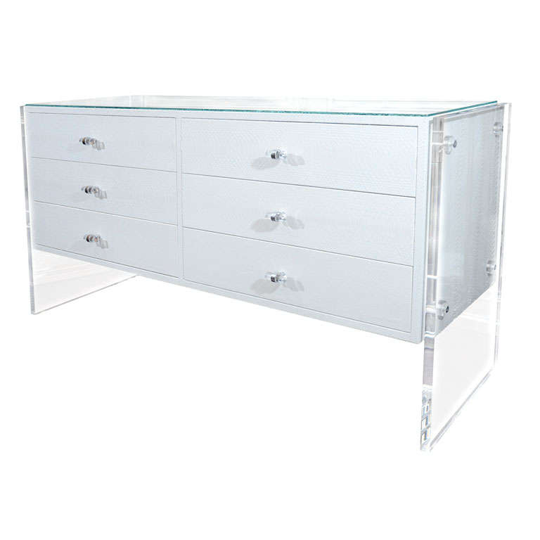 6-Drawer White Python Dresser with Lucite Side Panels For Sale