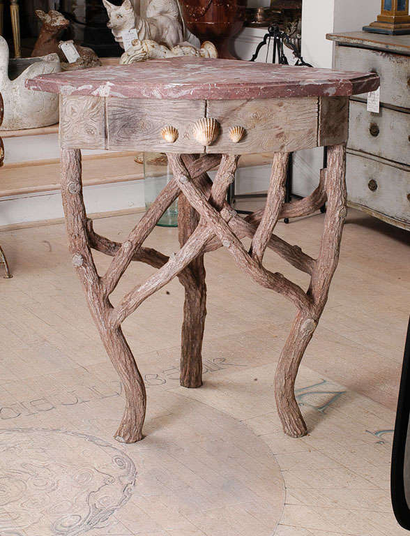 Faux Bois Corner Table with Pink Marble Top, French