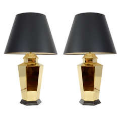 Pair Vintage Brass Hexagonal Lamps, Mid 20th Century