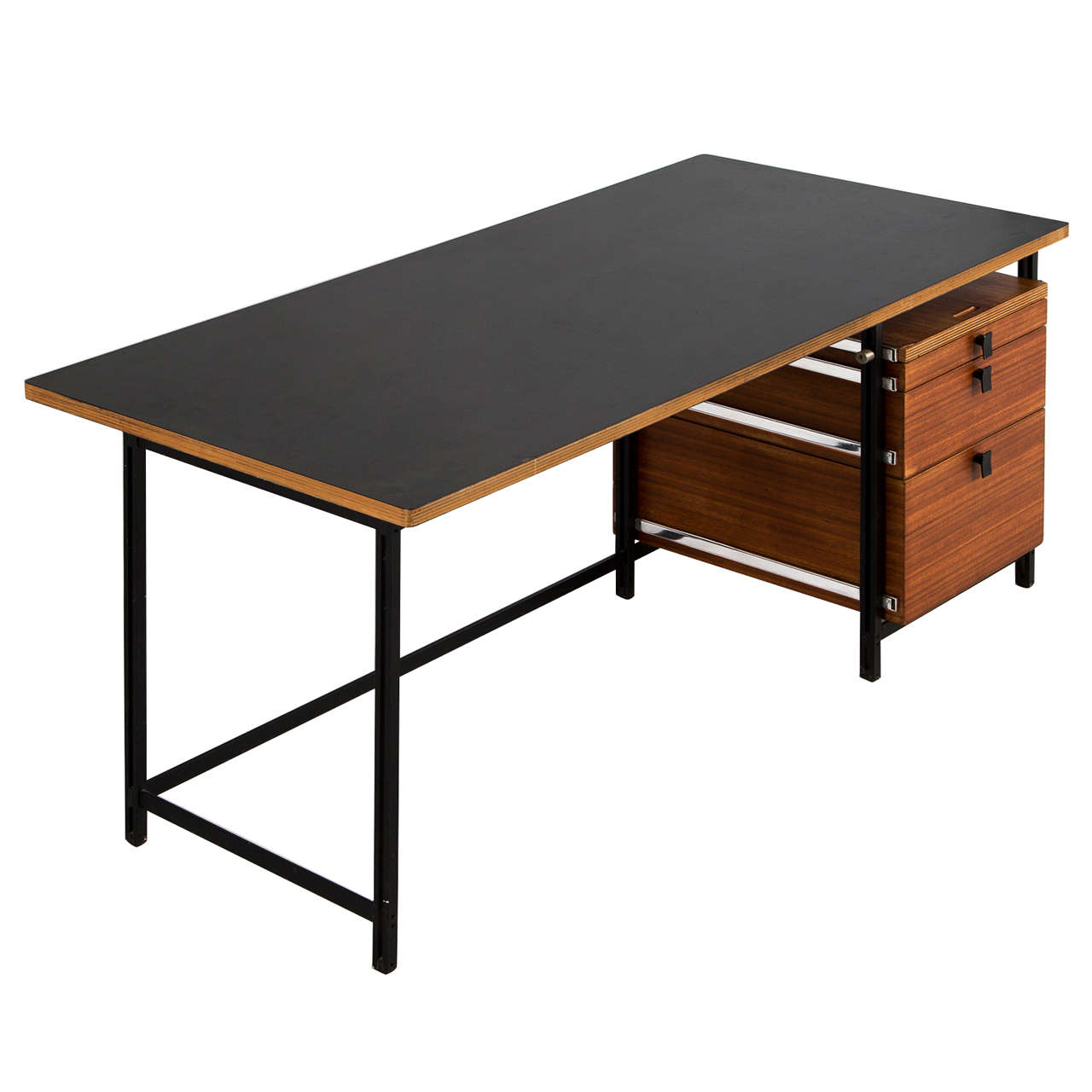 Jules Wabbes Early Black Steel and Dark Teak Desk for Mobilier ...