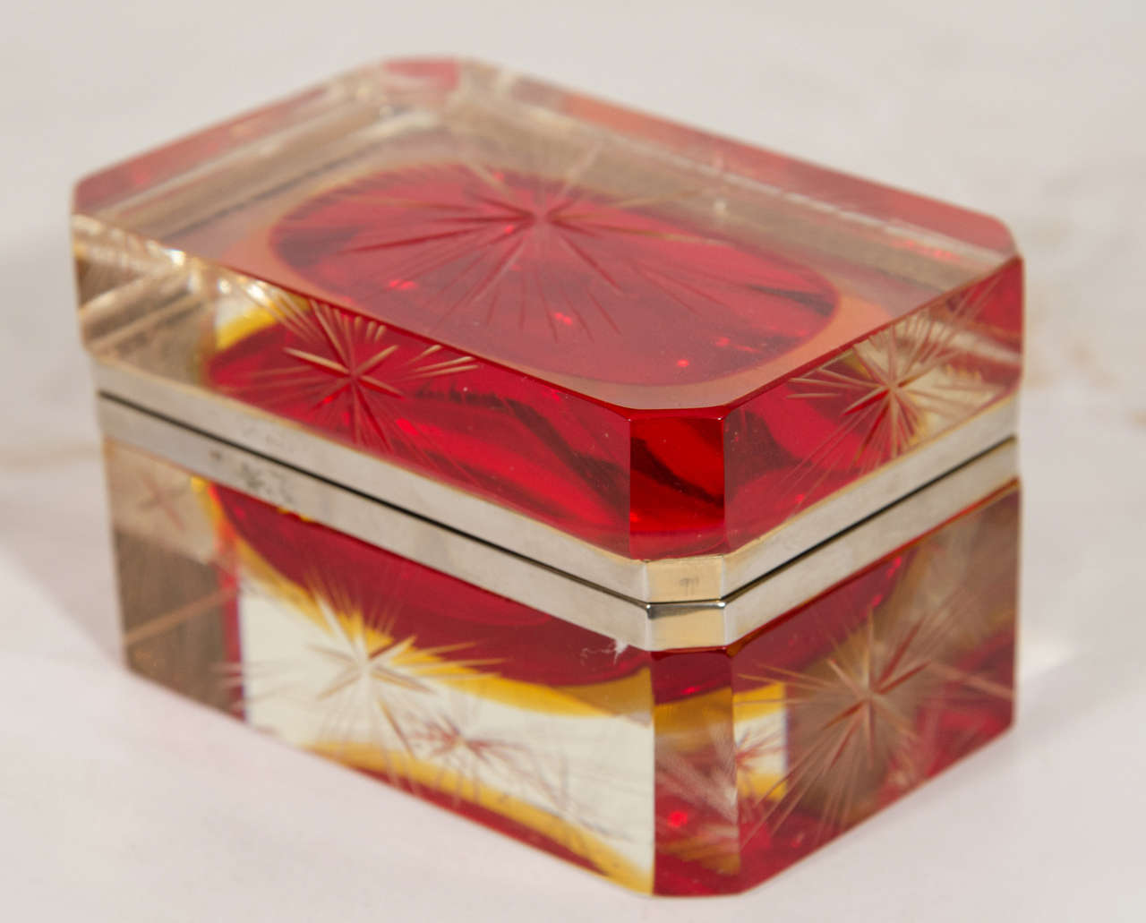 A vintage clear and red Italian heavy glass box attributed to Murano.