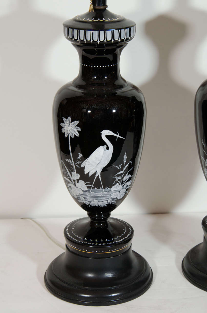 Hand-Crafted Pair of Unique Antique French Louis XVI Baccarat Style Enamel Black Glass Lamps For Sale