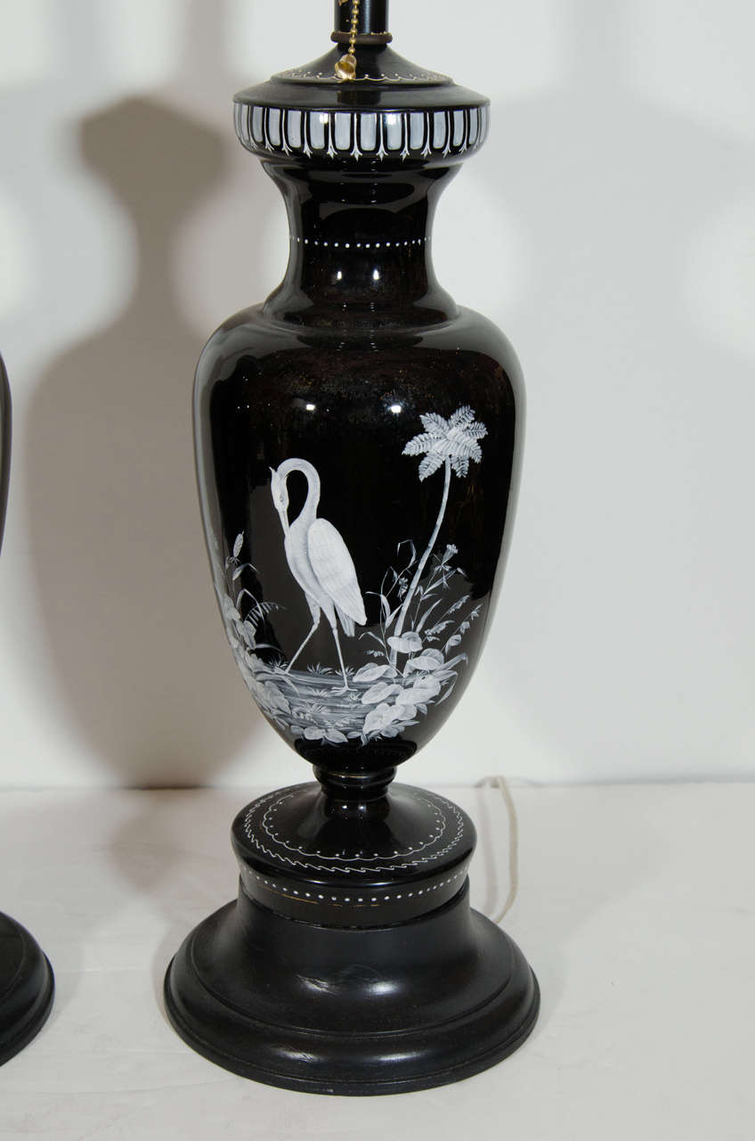 19th Century Pair of Unique Antique French Louis XVI Baccarat Style Enamel Black Glass Lamps For Sale