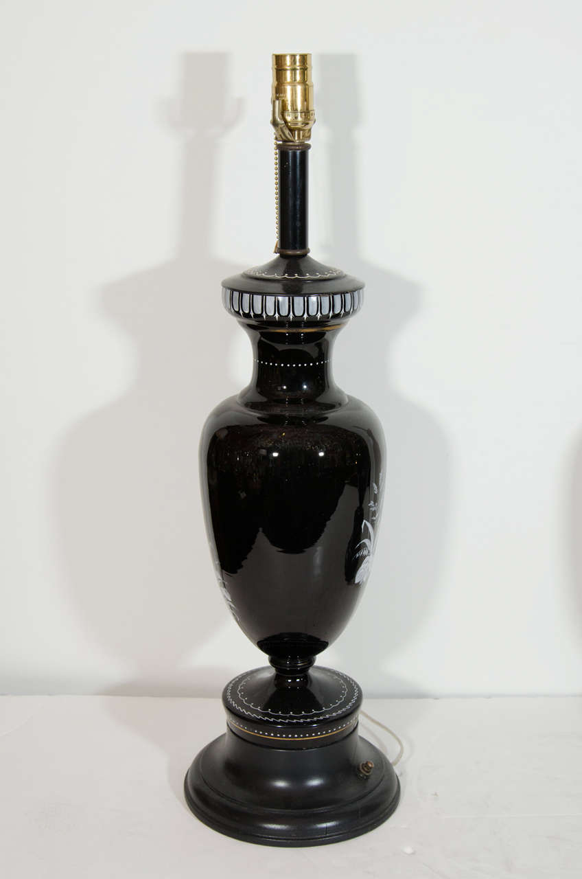 Pair of Unique Antique French Louis XVI Baccarat Style Enamel Black Glass Lamps For Sale 1