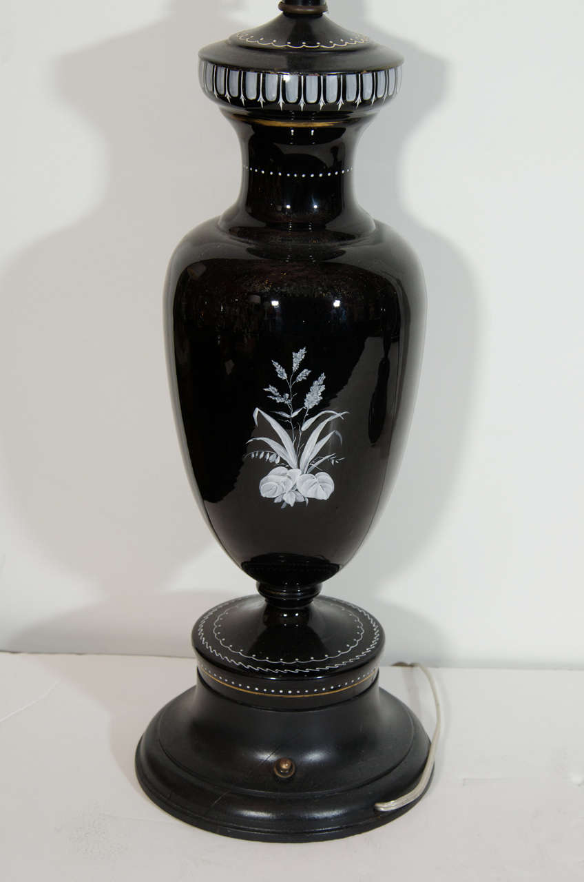 Pair of Unique Antique French Louis XVI Baccarat Style Enamel Black Glass Lamps For Sale 2