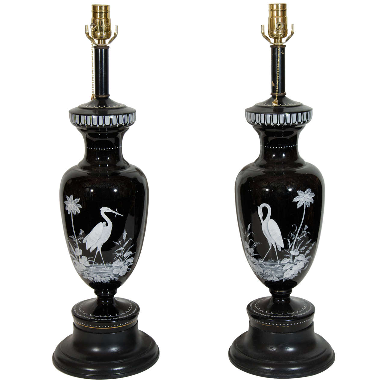 Pair of Unique Antique French Louis XVI Baccarat Style Enamel Black Glass Lamps For Sale