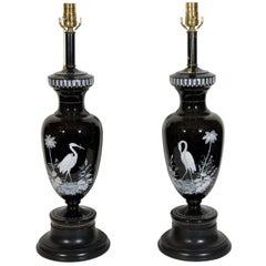 Pair of Unique Antique French Louis XVI Baccarat Style Enamel Black Glass Lamps