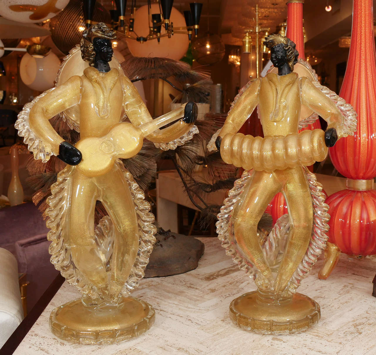Pair of Venetian glass musicians by Barovier.