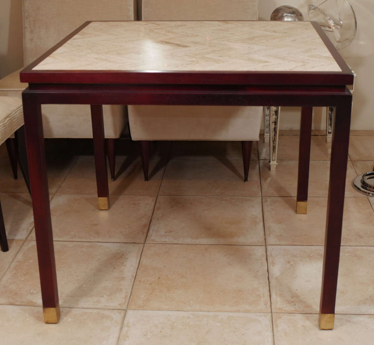 Wood Game Table with Travertine Top