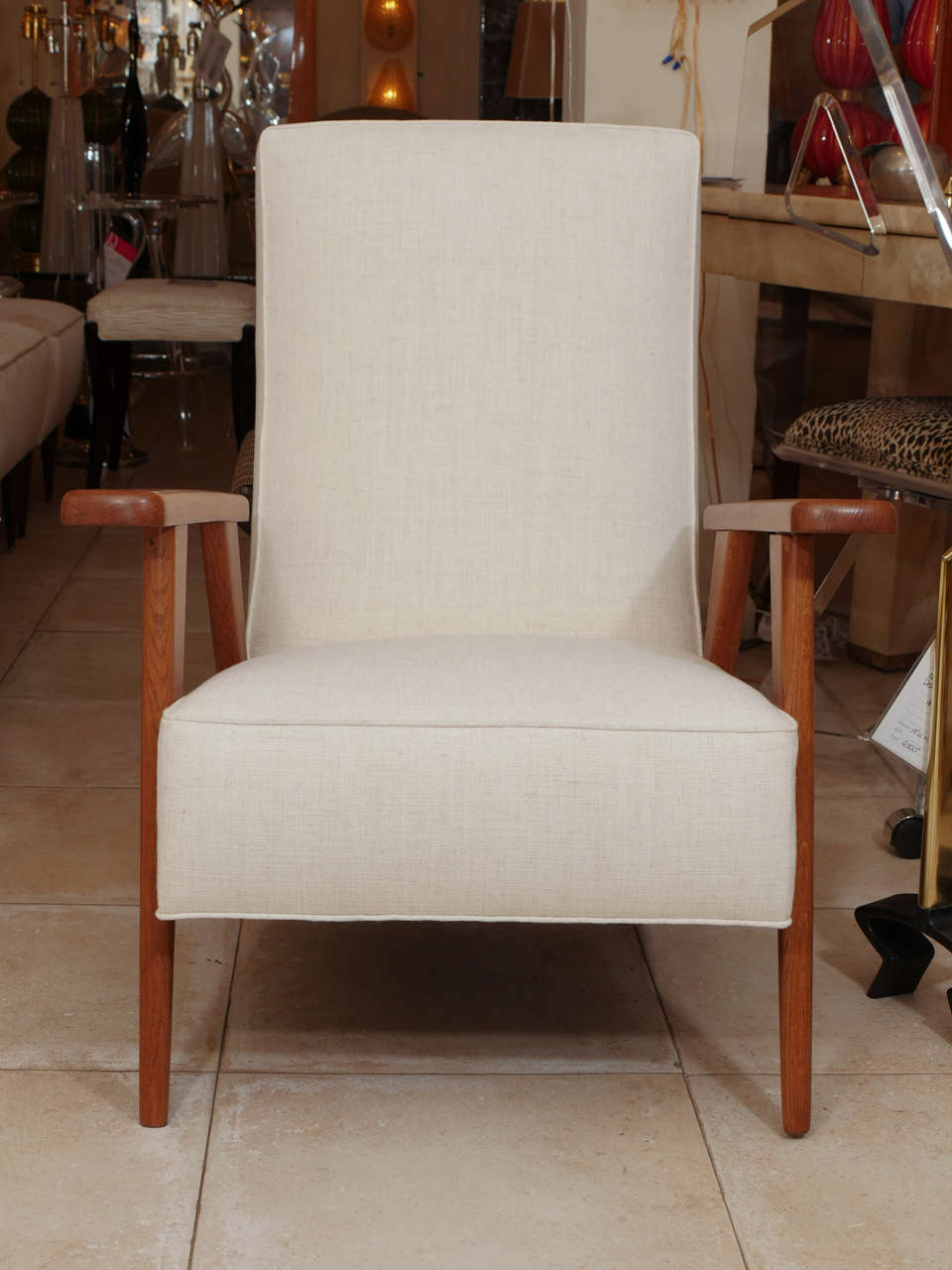 Pair of modern oak frame upholstered armchairs.