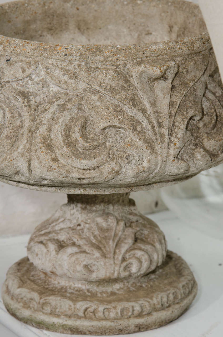 Mid-20th Century Cement Urn with Foliage Relief