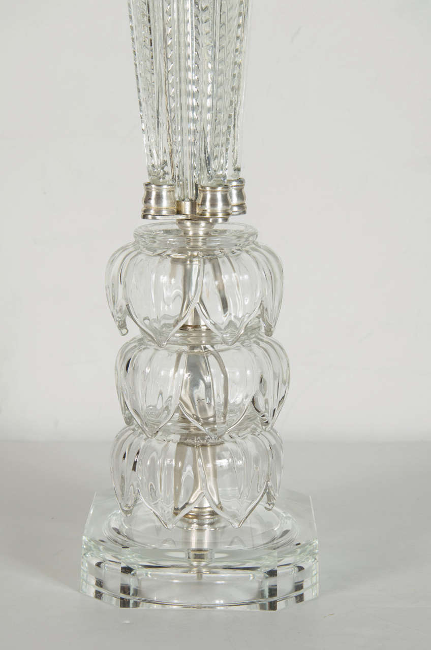 Hollywood Regency 1940s Hollywood Translucent Cut Crystal Table Lamp with Acanthus Details
