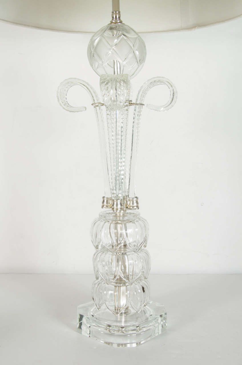 1940s Hollywood Translucent Cut Crystal Table Lamp with Acanthus Details In Excellent Condition In New York, NY