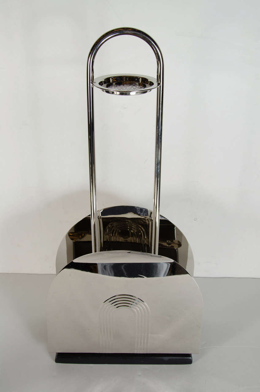 American Stunning Streamlined Art Deco Magazine Stand in Polished Nickel and Black Enamel