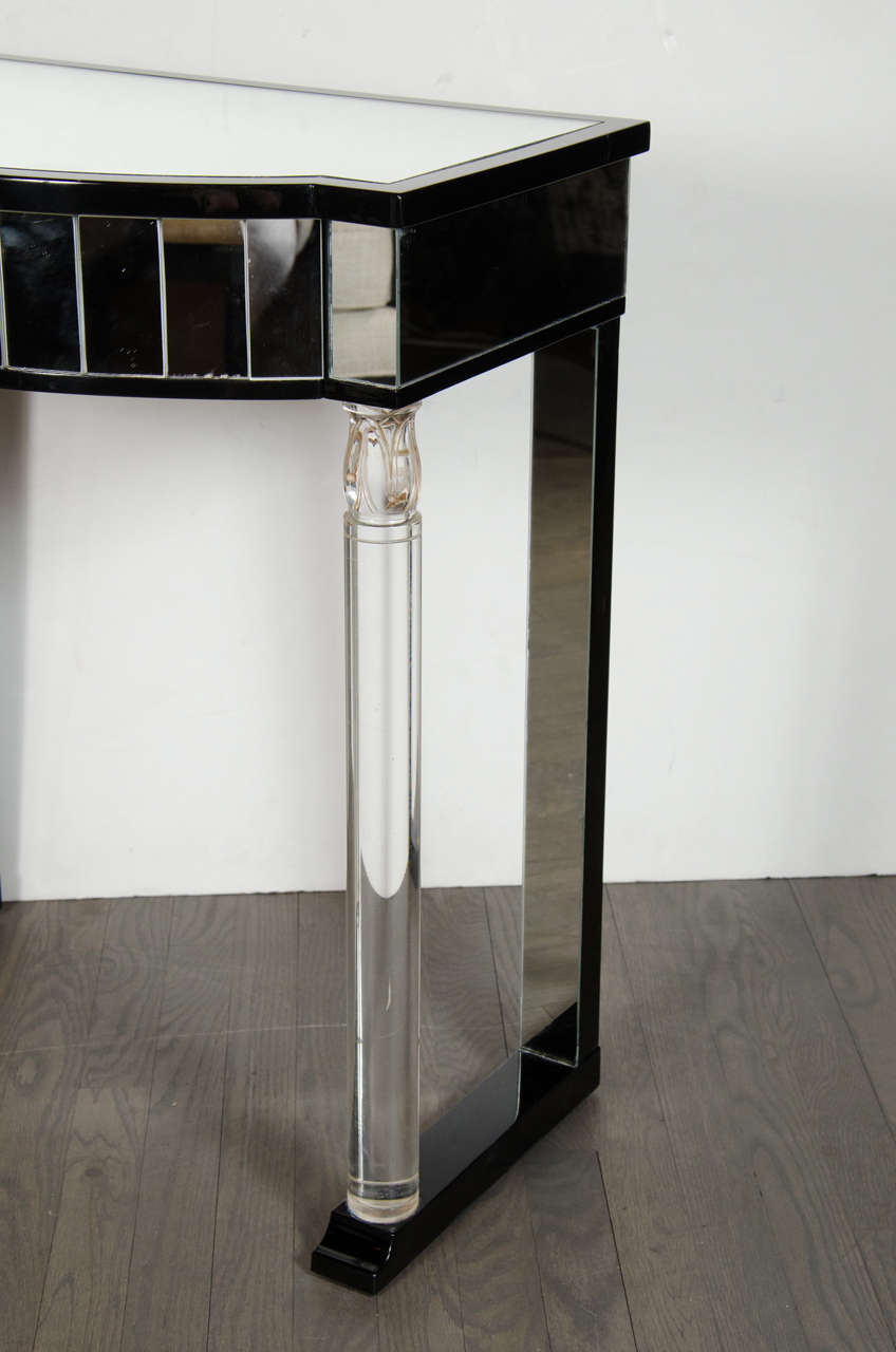 Hollywood Regency Exquisite Console Table in Ebonized Mahogany, Lucite and Mirror by Grosfeld House