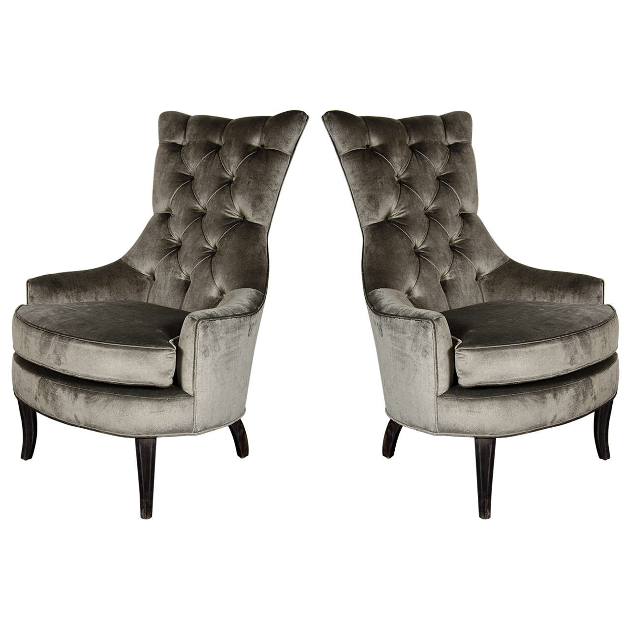  Pair of Mid-Century Modern Tufted High-Back Chairs in Smoked Platinum Velvet