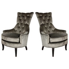  Pair of Mid-Century Modern Tufted High-Back Chairs in Smoked Platinum Velvet