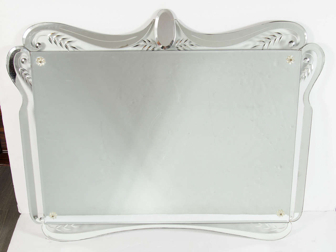 1940's Hollywood Style Mirror with Reverse Etched Detail & Decorative Cartouche