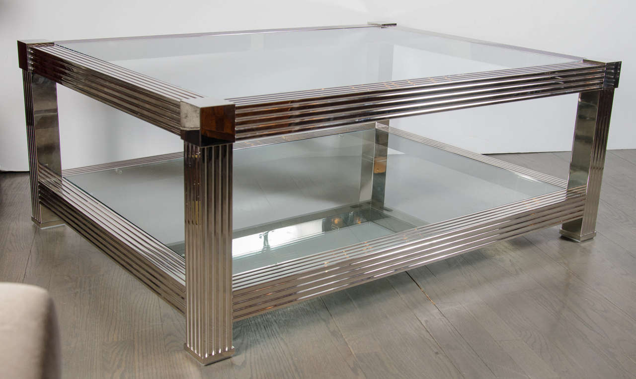 Art Deco Style Two-Tiered Engine Turned Cocktail Table in Polished Nickel