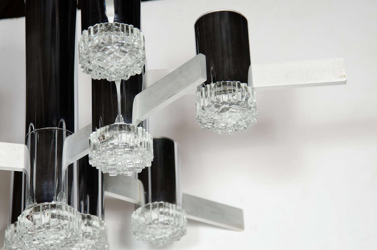 Italian Mid-Century Modernist Chandelier by Sciolari with Relief Glass Shades