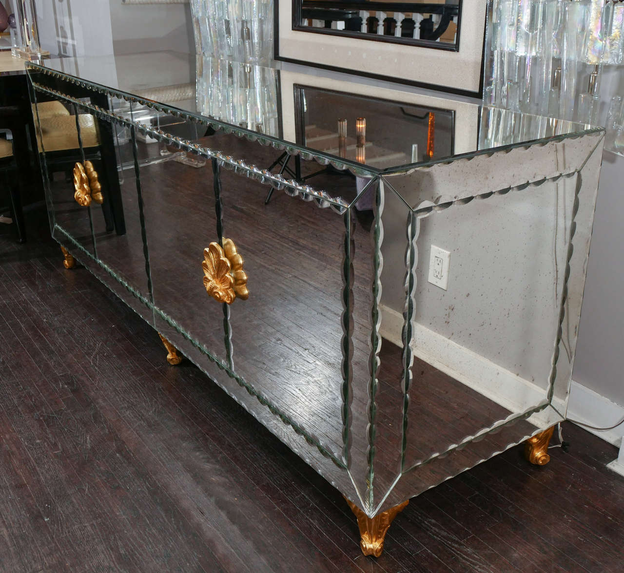 Custom mirrored buffet with pie crust beveled edges and gold painted hand crafted hardware. Custom orders are available for different sizes, and finishes on handles and legs.