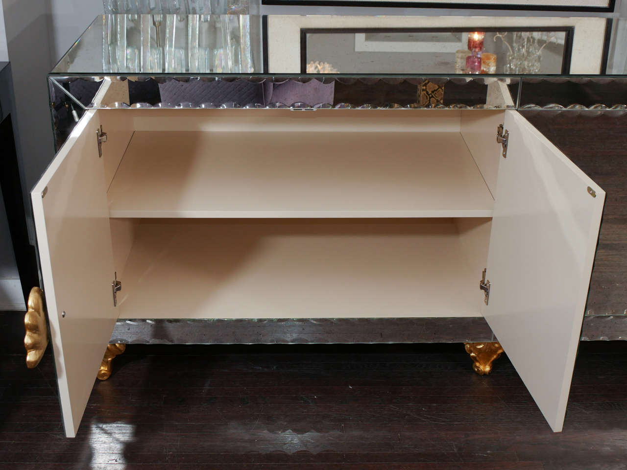 American Custom Mirrored Buffet with Pie Crust Edge & Gold Hand Painted Hardware For Sale