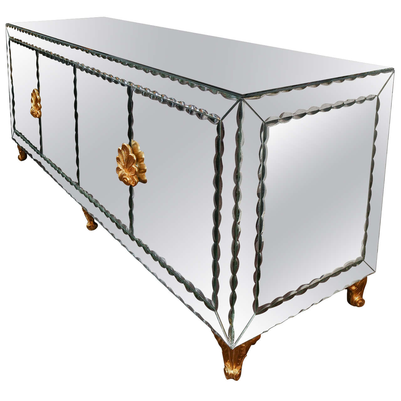 Custom Mirrored Buffet with Pie Crust Edge & Gold Hand Painted Hardware