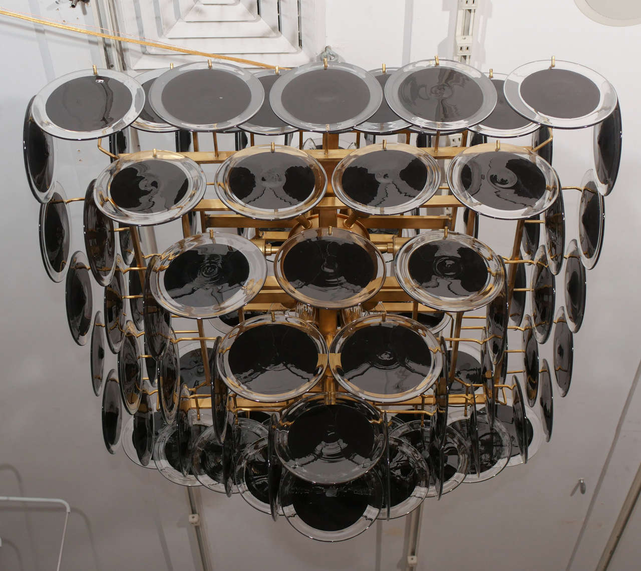 Modern Large Pagoda-Style Black Glass Disc Chandelier For Sale