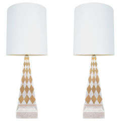A Pair of Obelisk White and Gold Ceramic Table Lamps.