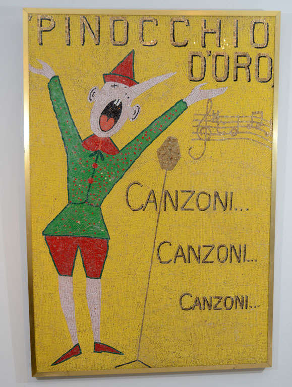 Canzoni..., Canzoni..., Canzoni... That is what Pinnochio says, gracefully and full of energy. This incredible mosaic over wood advertising of a famous children's play, will finish a child's room or any decor. My favorite piece in the Miami store.