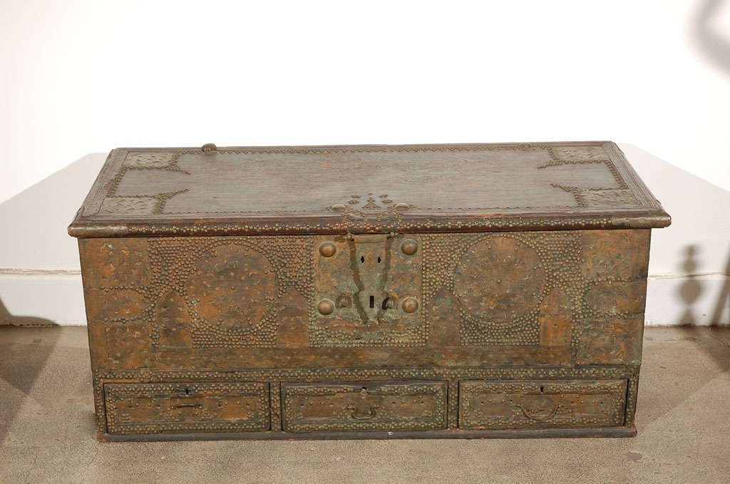 19th CenturySpanish Moorish brass studded walnut trunk