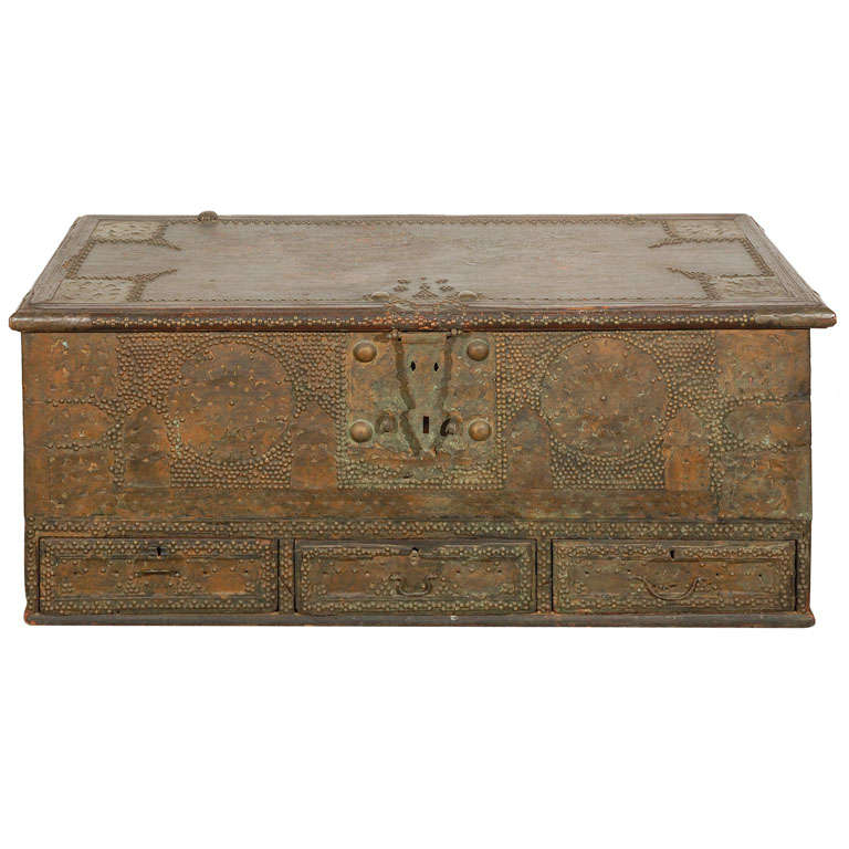 19th CenturySpanish  Moorish brass studded walnut trunk