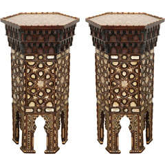 19th Century rare pair of  Moorish/ Syrian high  pedestal tables