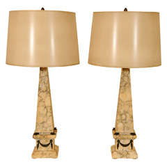 Pair of Alabaster and Bronze Obelisk Table Lamps