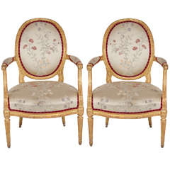 Pair of Antique French Louis XVI Carved Giltwood Armchairs For Sale at ...