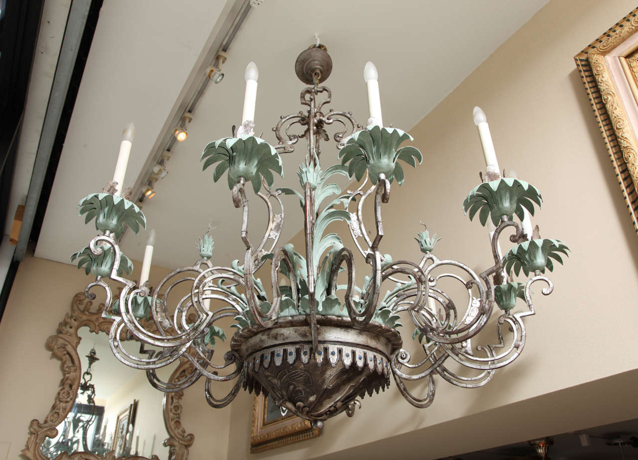 A Twelve-Light Palmette Silvered Metal Chandelier Attributed to  E.F Caldwell 4