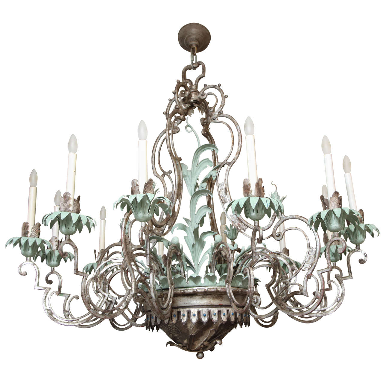 A Twelve-Light Palmette Silvered Metal Chandelier Attributed to  E.F Caldwell