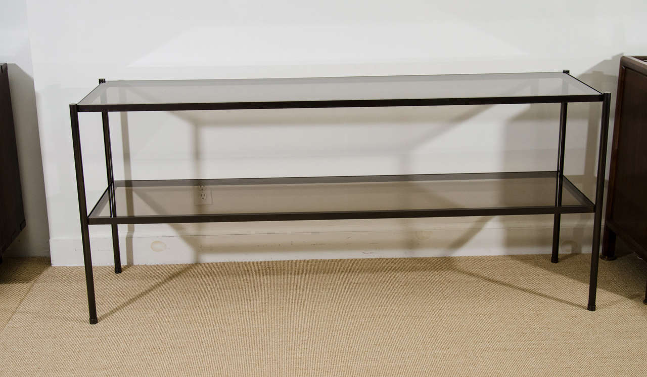 Custom-Made, Two-Tier Bronze and Smoked Glass Console