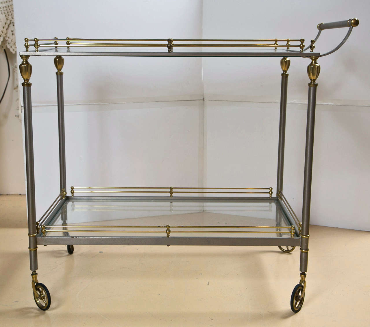 Stainless Steel And Brass Rolling Tea Cart with Glass Shelves