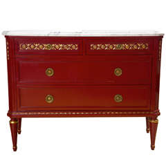 Jansen Red Lacquer Commode with White Marble Top