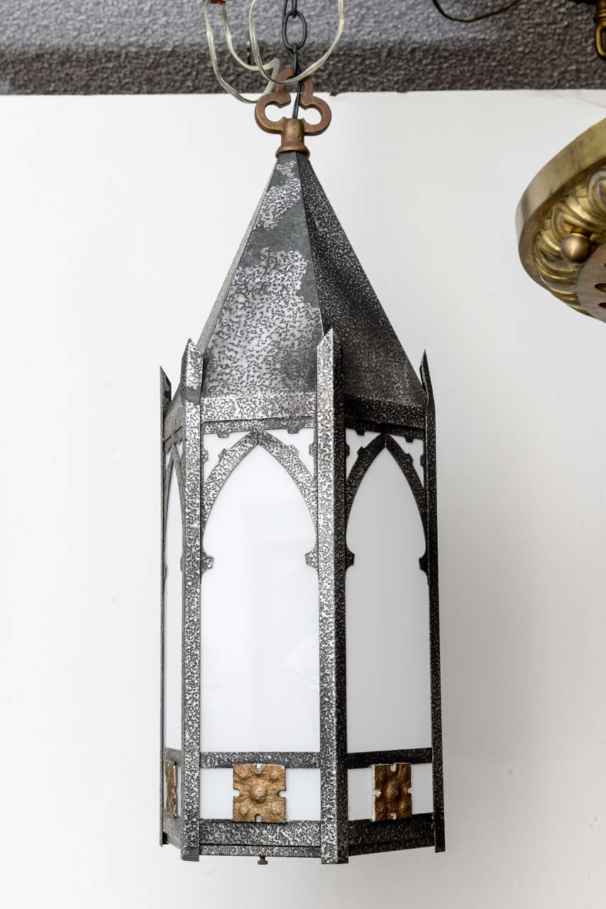 Gothic Lighting Fixture / Chandelier with Frosted Glass, Circa 1900