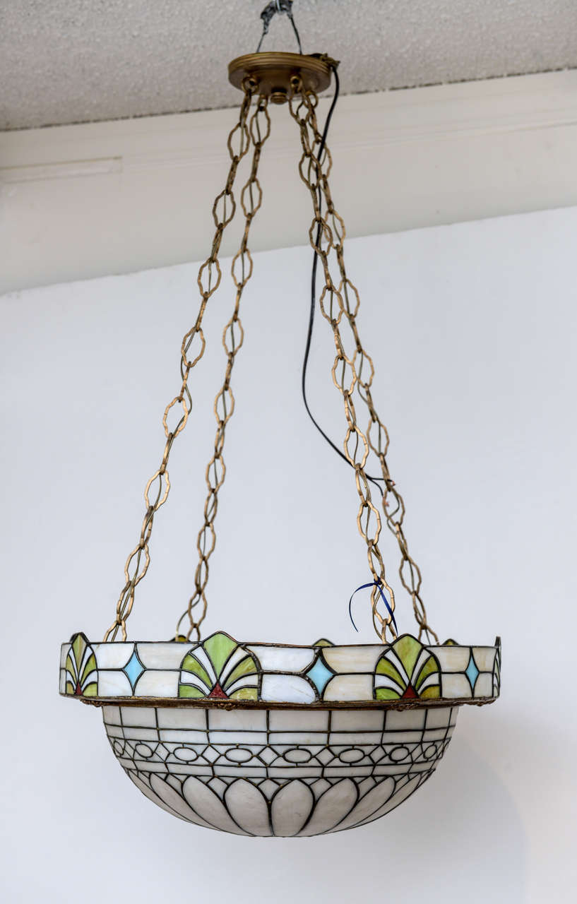 American Stained Glass Dome Chandelier, Circa 1900 In Good Condition In West Palm Beach, FL