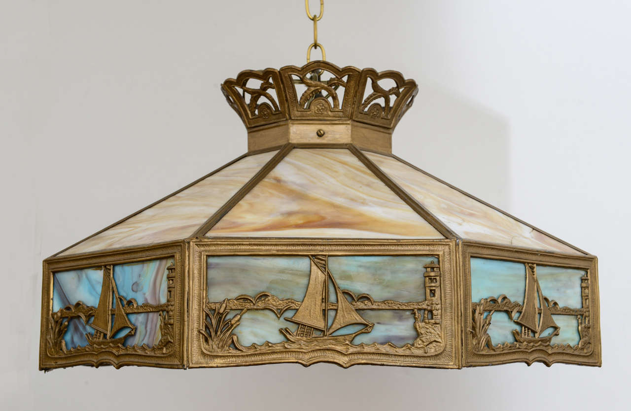 Arts and Crafts American Arts & Crafts Chandelier, Slag Glass, Nautical Design, Early 20th c For Sale