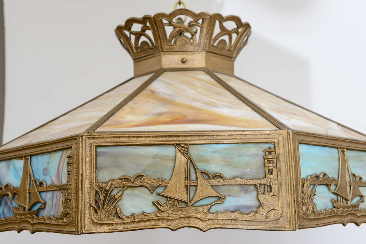 20th Century American Arts & Crafts Chandelier, Slag Glass, Nautical Design, Early 20th c For Sale