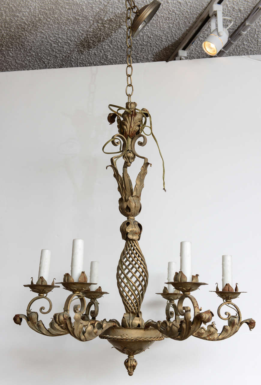 French Wrought Iron Chandelier, Six Candle Arms with Washed Finish, Circa 1900